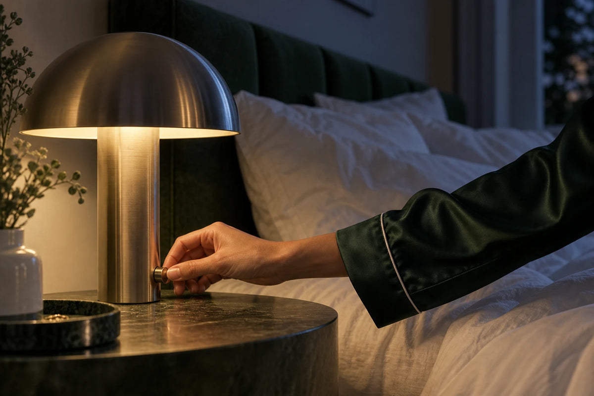 A hand in a green satin sleeve switches off the bedside lamp