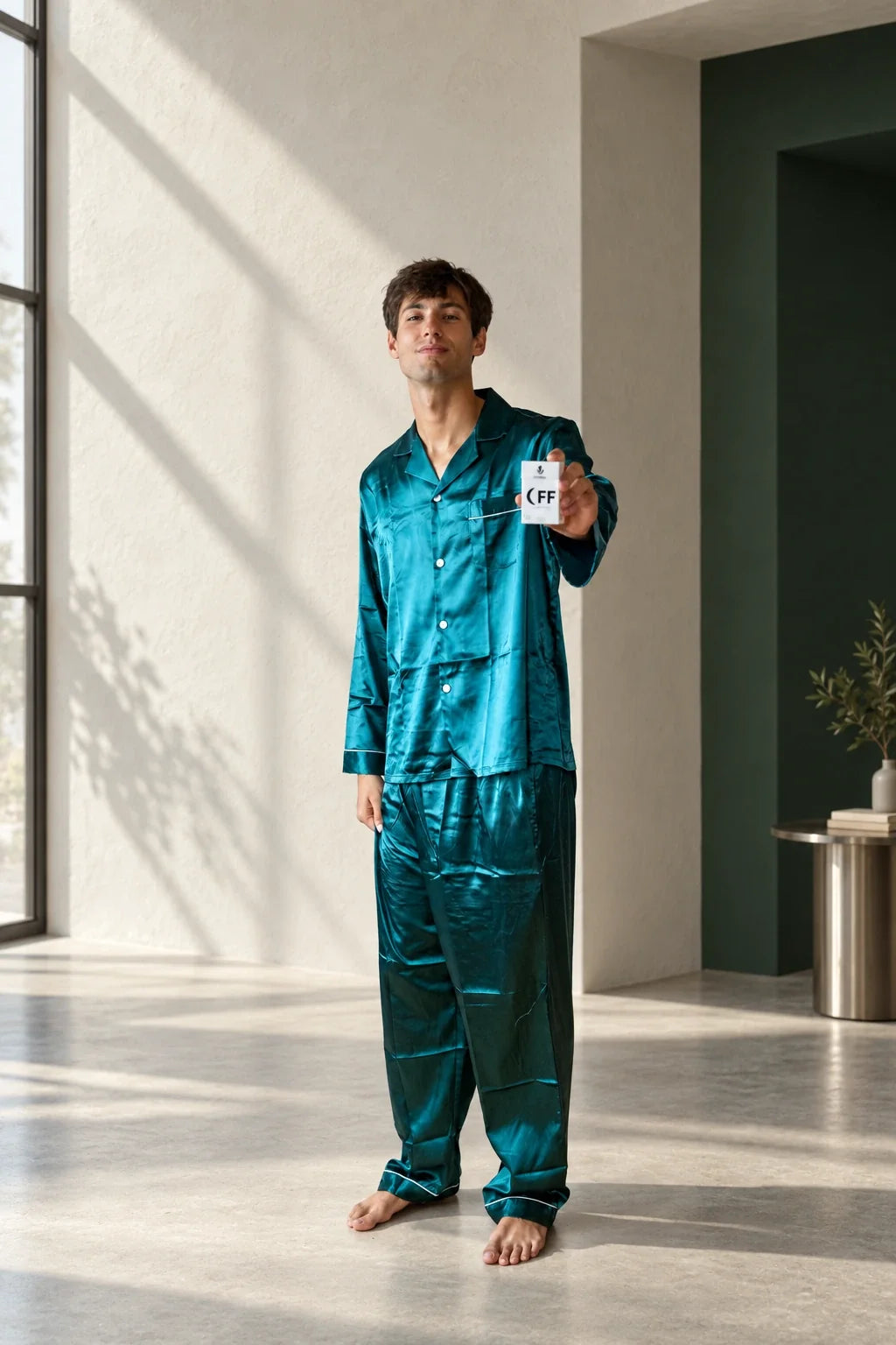 Oli wearing Moodsup Nightwear in a modern daylight interior