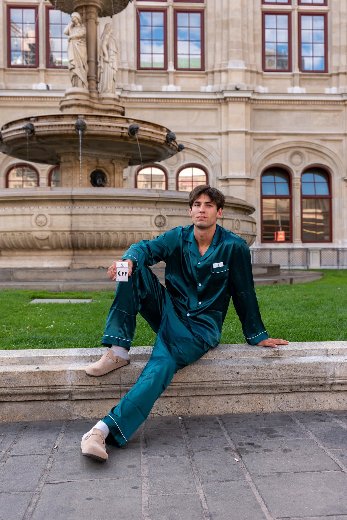 Oli wearing dark green Moodsup Nightwear in Vienna
