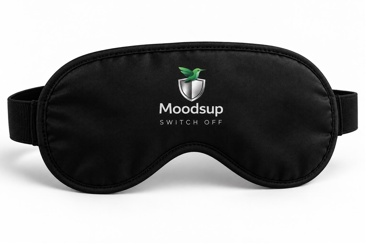 Black Moodsup Sleep Mask with hummingbird logo and Switch Off lettering