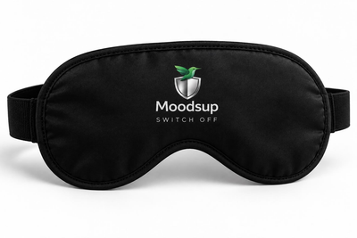 Schwarze Moodsup Schlafmaske mit Kolibri-Logo und Switch-Off-Schriftzug